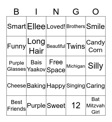 Ellee's Bat Mitzvah Bingo Card