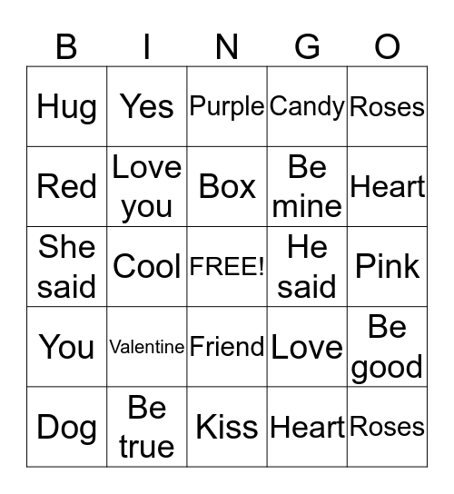 Kindergarten Valentine BINGO 2015 Bingo Card