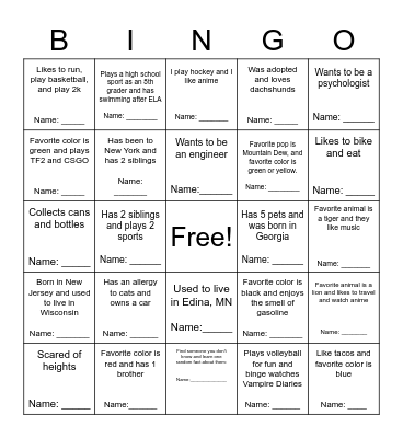 Classmate Bingo Card