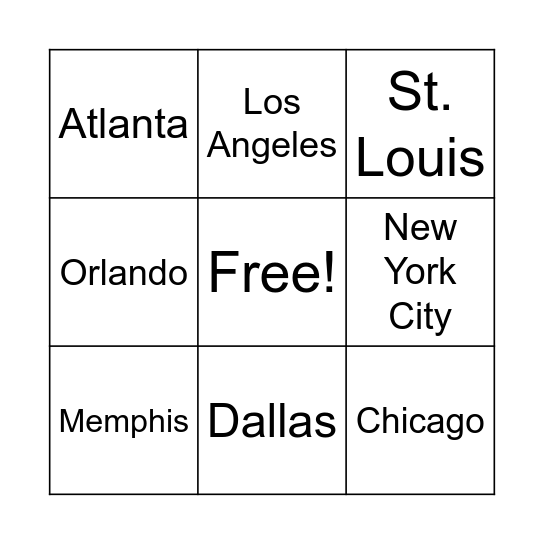 Cities in the United States Bingo Card