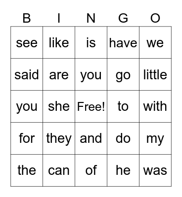 Sight Words Bingo Card