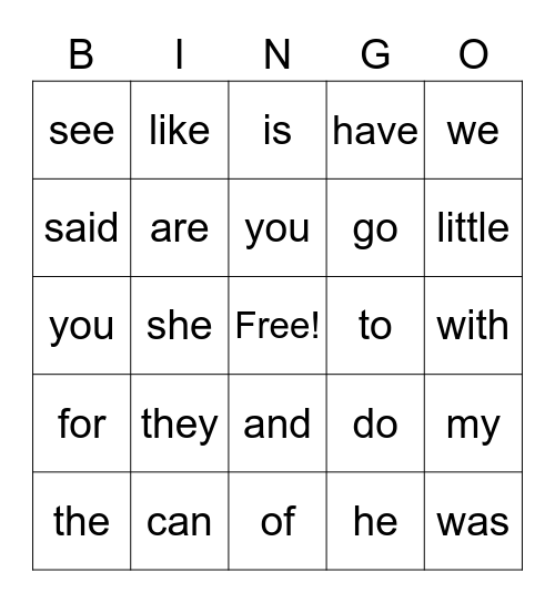 Sight Words Bingo Card