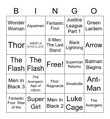 Marvel & DC Movies/Show Titles Bingo Card
