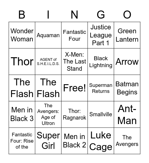 Marvel & DC Movies/Show Titles Bingo Card