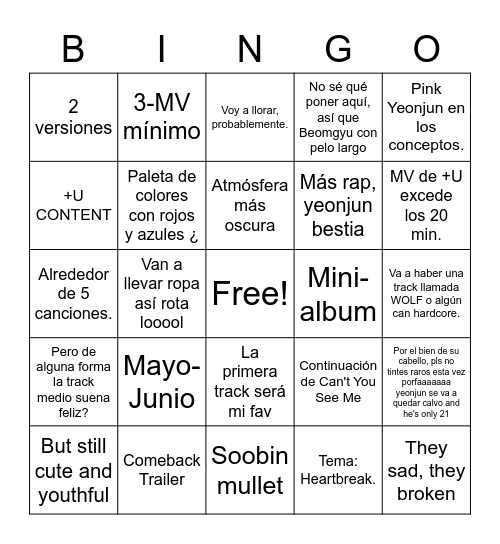TXT COMEBACK Bingo Card