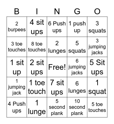 Bingo Fitness Bingo Card