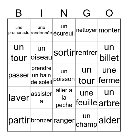 Fr. 2 Unité 2 Leçon 5 Bingo Card