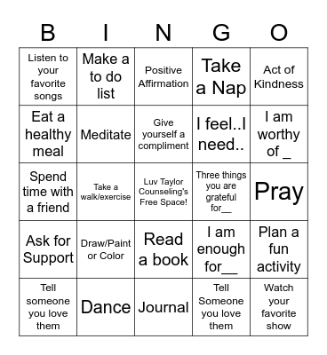 Coping Skills Bingo Card