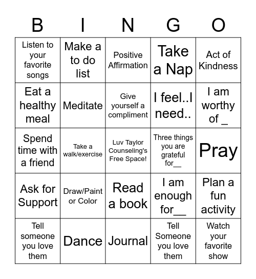 Coping Skills Bingo Card