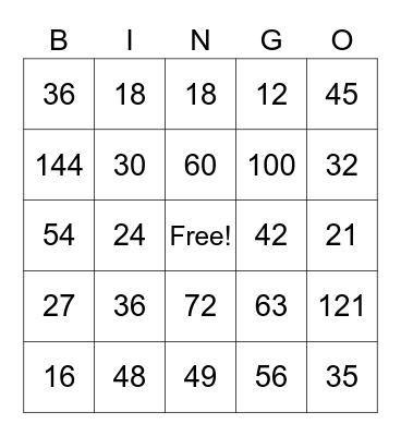 Multiplication Facts Bingo Card