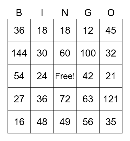 Multiplication Facts Bingo Card