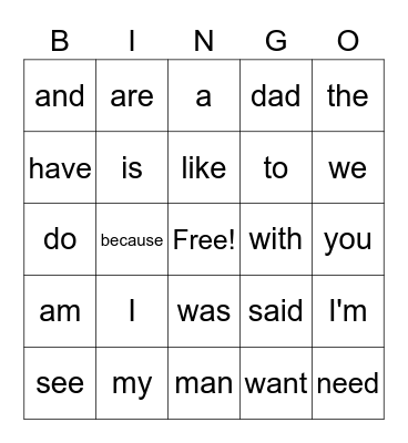 sight words Bingo Card