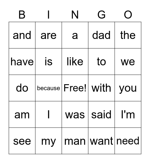 sight words Bingo Card