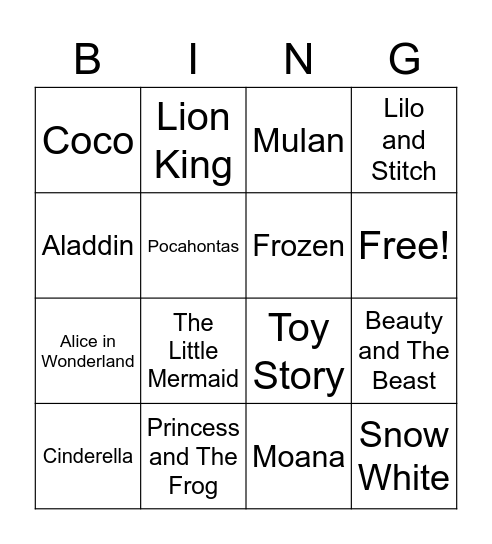 Disney Bingo Card