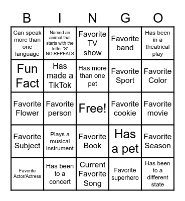 Getting to Know You Bingo Card