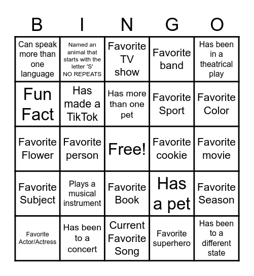 Getting to Know You Bingo Card