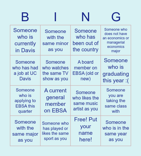 EBSA WELCOME SOCIAL BINGO!!! Bingo Card