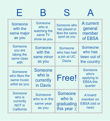 EBSA WELCOME SOCIAL BINGO!!! Bingo Card