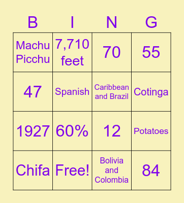 Peru 101 Bingo Card