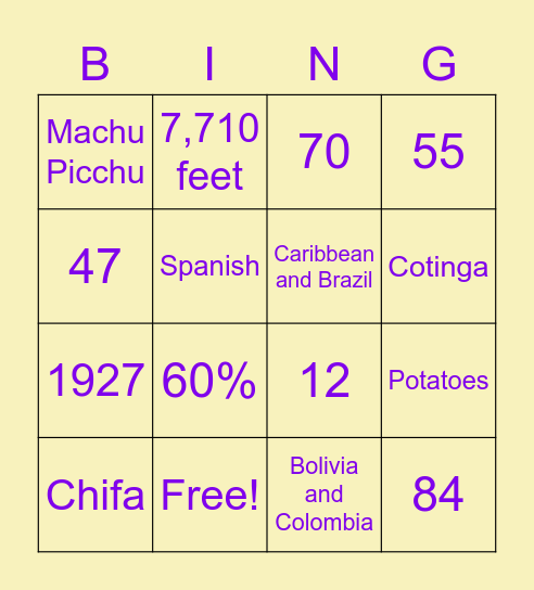 Peru 101 Bingo Card