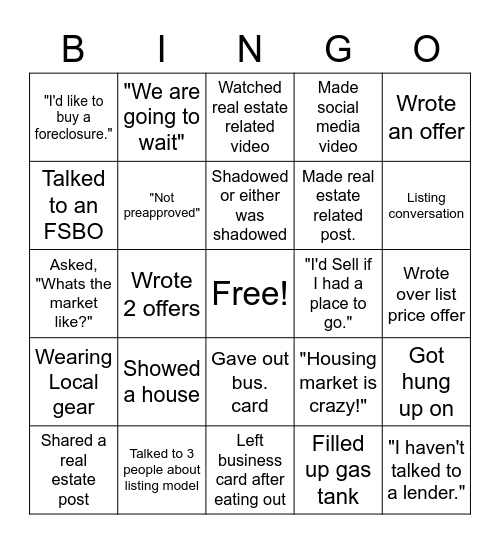 Local Realty Bingo Card