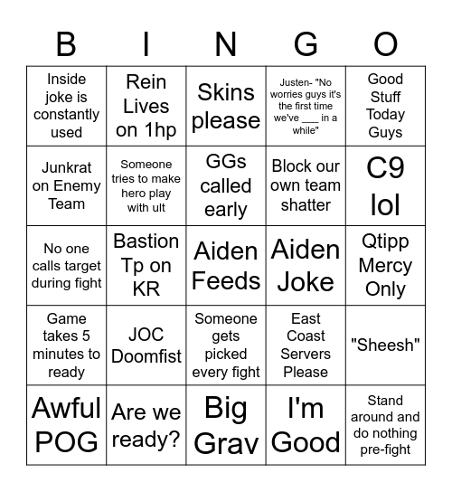 GCU Electronic Sports Team Scrimmage Match Bingo Card