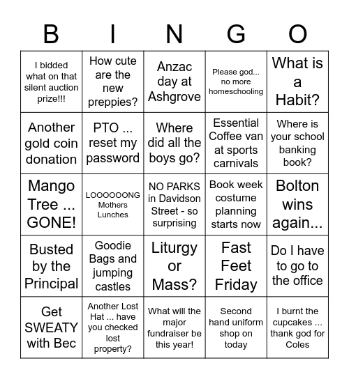 St Ambrose's Mother's Lunch Bingo Card