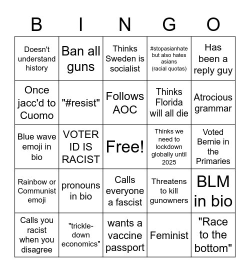 Catch-all Lefty twitter Bingo Card