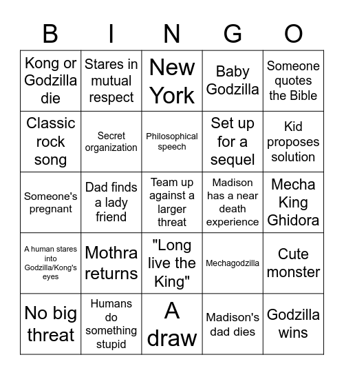 Godzilla vs Kong Bingo Card
