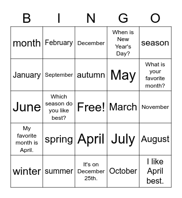 Which season do you like best? Bingo Card