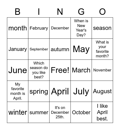 Which season do you like best? Bingo Card