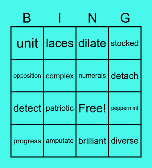 National Reading Vocabulary - Lesson 25 Bingo Card