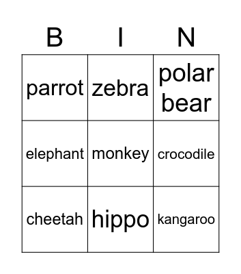 animal bingo Card