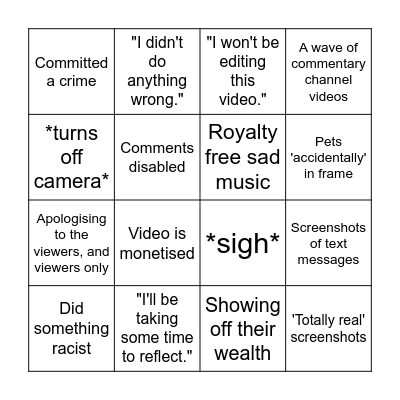 Apology Video Bingo! Bingo Card