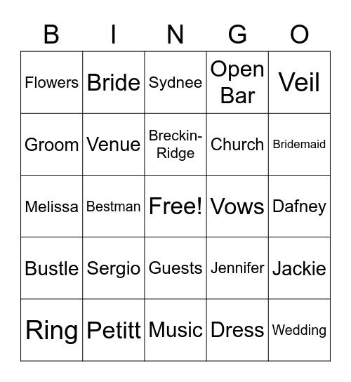 Jackie's Bridal Bingo Card