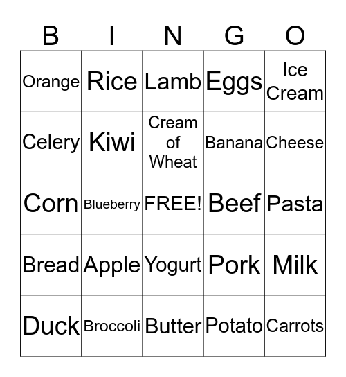 Food Bingo  Bingo Card
