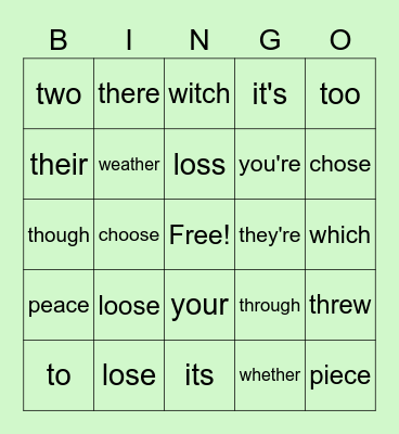 Grade 6 Homophones/ Common Mix Ups Bingo Card