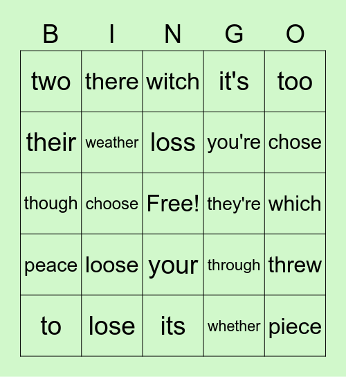 Grade 6 Homophones/ Common Mix Ups Bingo Card