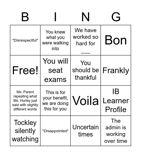 Take a shot when you hear: Bingo Card