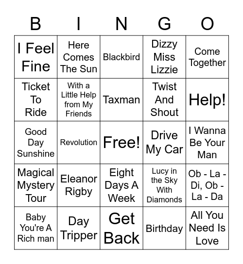 Beatlemania Bingo Card