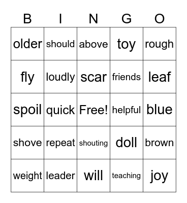 Spelling Word Bingo Card