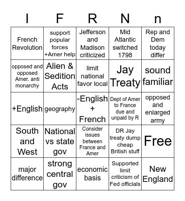 1800 Election Bingo Card