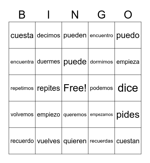 Present Tense Stem-Changing Verbs (Spanish) Bingo Card