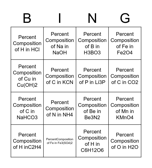 Percent Composition Bingo Card