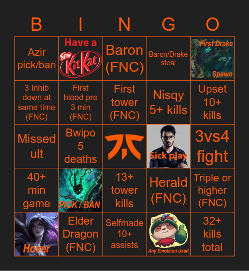 Fnatic vs Schalke 04 Game 1 Bingo Card