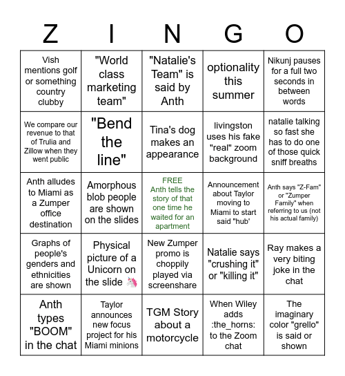 ZINGO Bingo Card