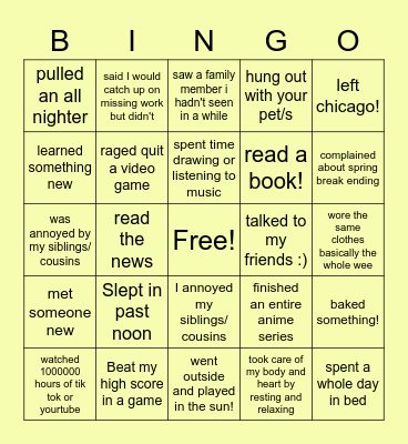 Spring Break Bingo Card