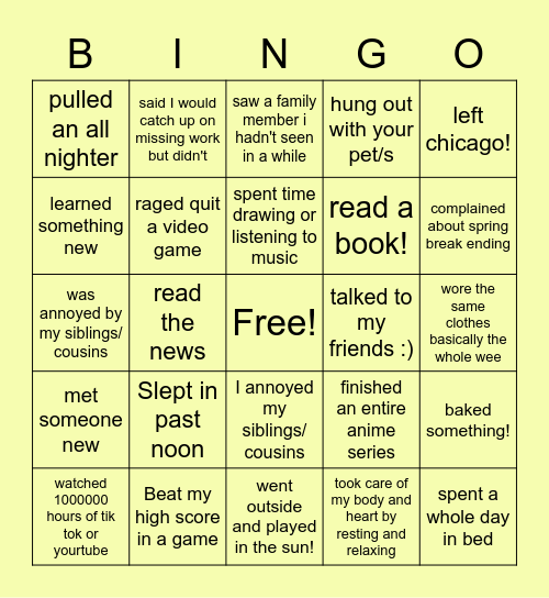 Spring Break Bingo Card