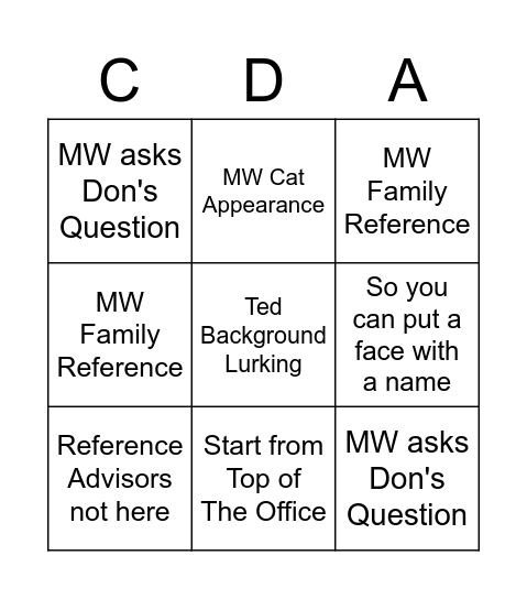 CDA Session Bingo Card