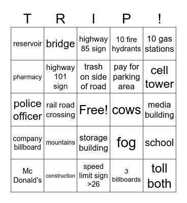 xX LA Xx Road trip2 Bingo Card